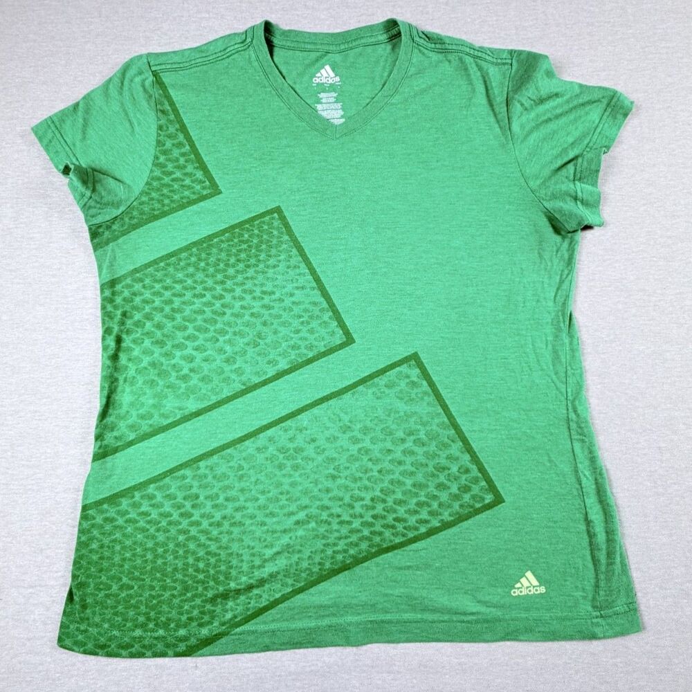 Adidas Green Large Woman V-Neck T-Shirt Stripes On Side Gym Workout Summer